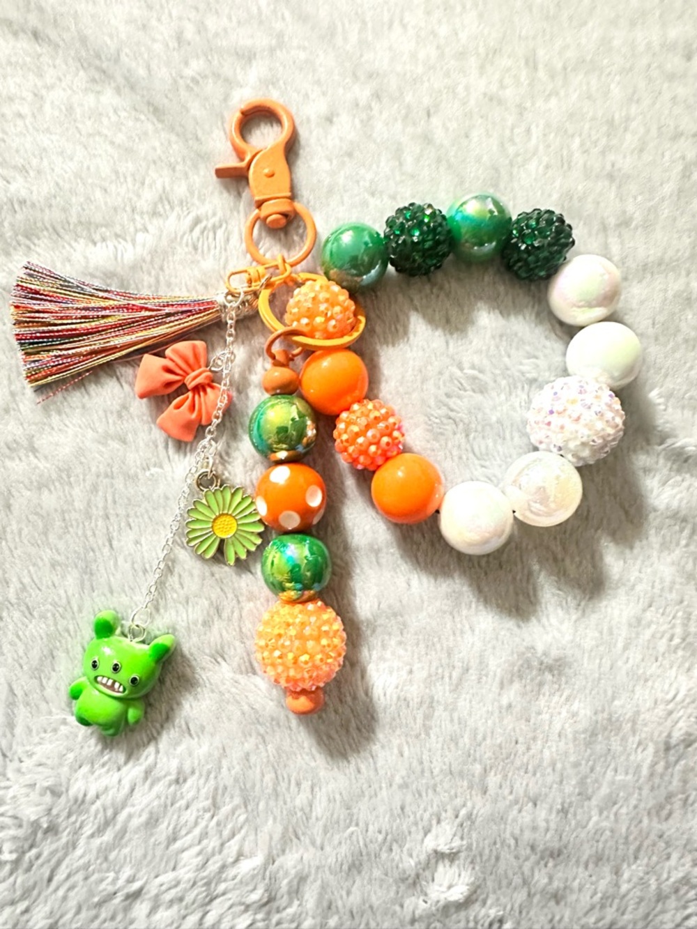 Beaded Bracelet Keychain with Orange, Green & White Accents